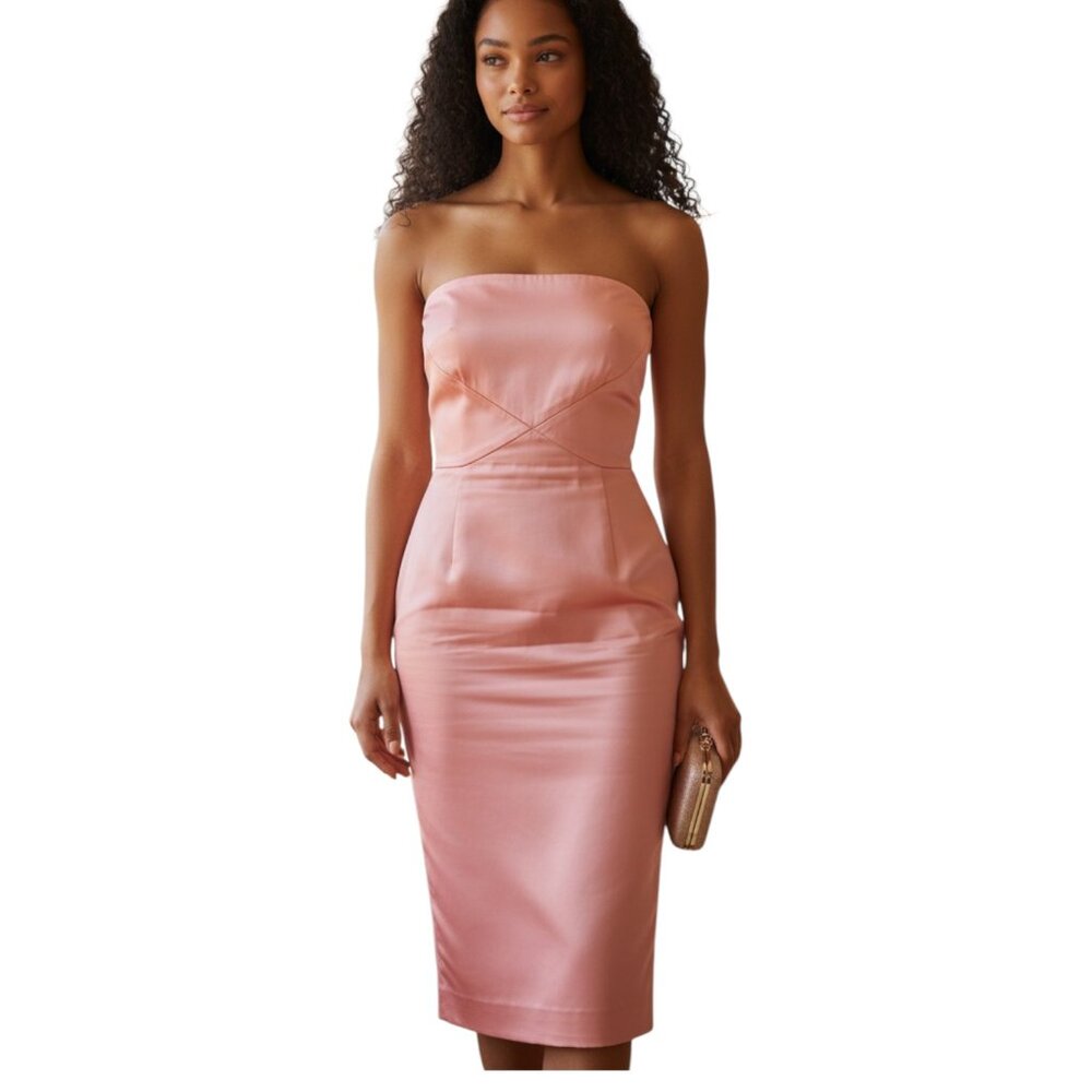 New York & Co Peachy Pink Cotton Stretch Strapless Midi Dress